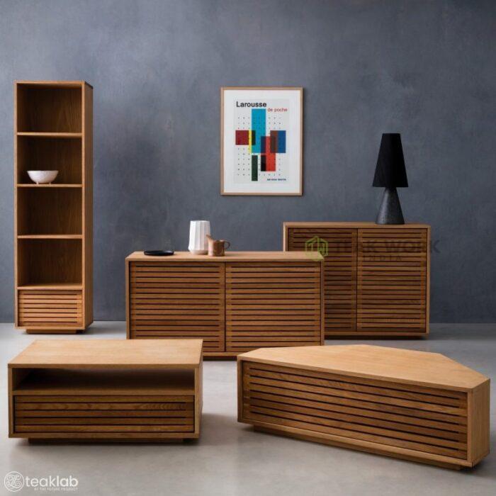 Buy Oiled Teak Corner TV Stand With Slatted Front Online | TeakLab 2