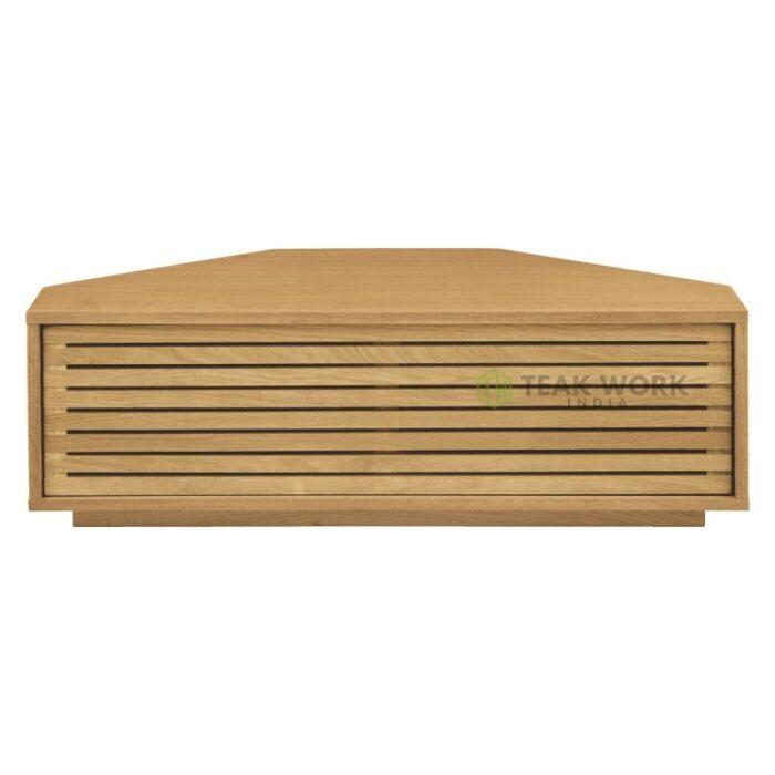 Buy Oiled Teak Corner TV Stand With Slatted Front Online | TeakLab 3