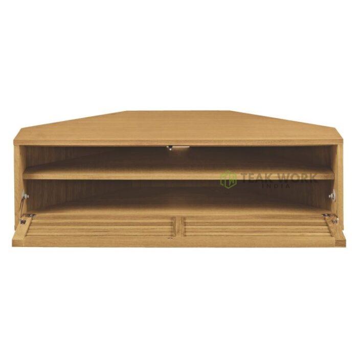 Buy Oiled Teak Corner TV Stand With Slatted Front Online | TeakLab 5